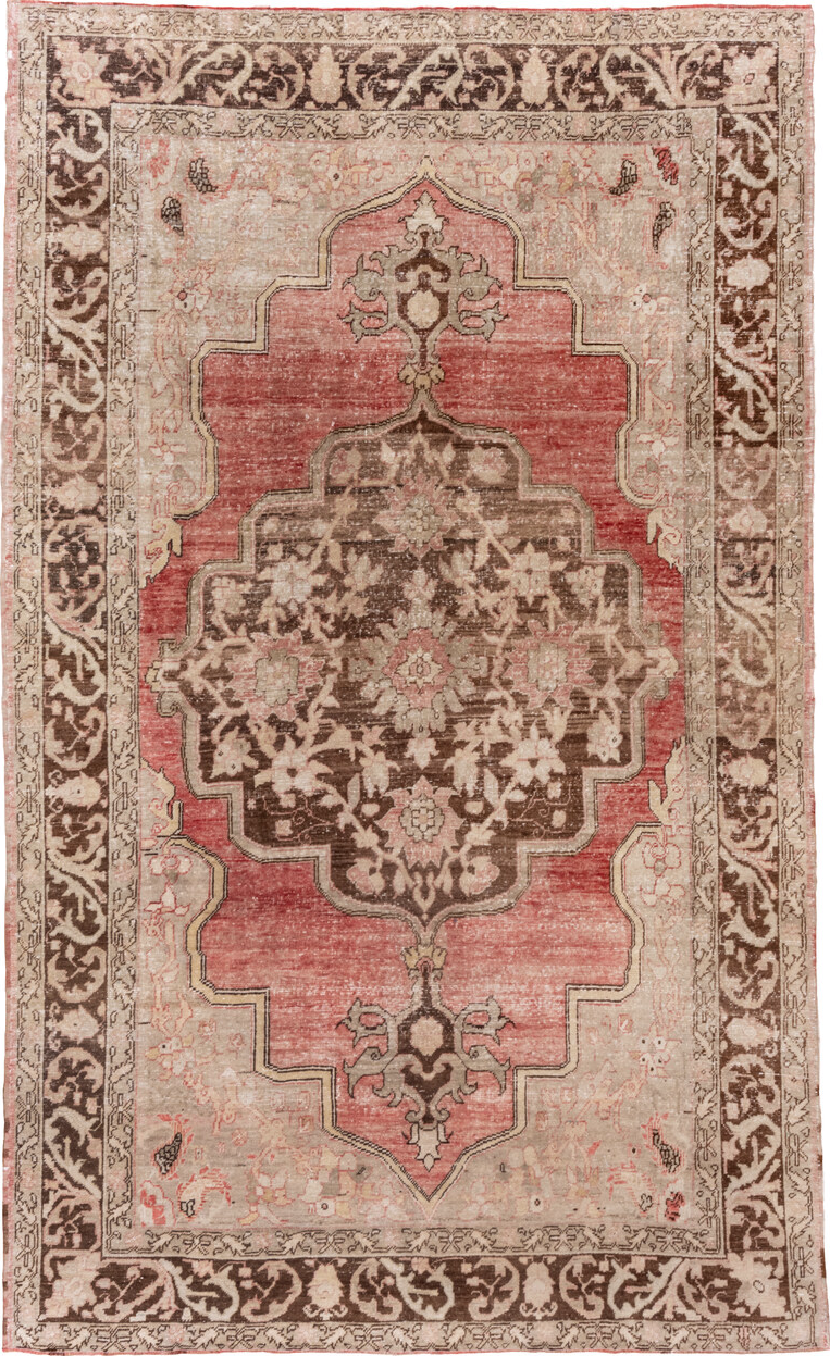 7' x 12' one-of-a-kind handmade vintage Oushak large size rug. Color palette: brown, gray, light gray, off-white, pink