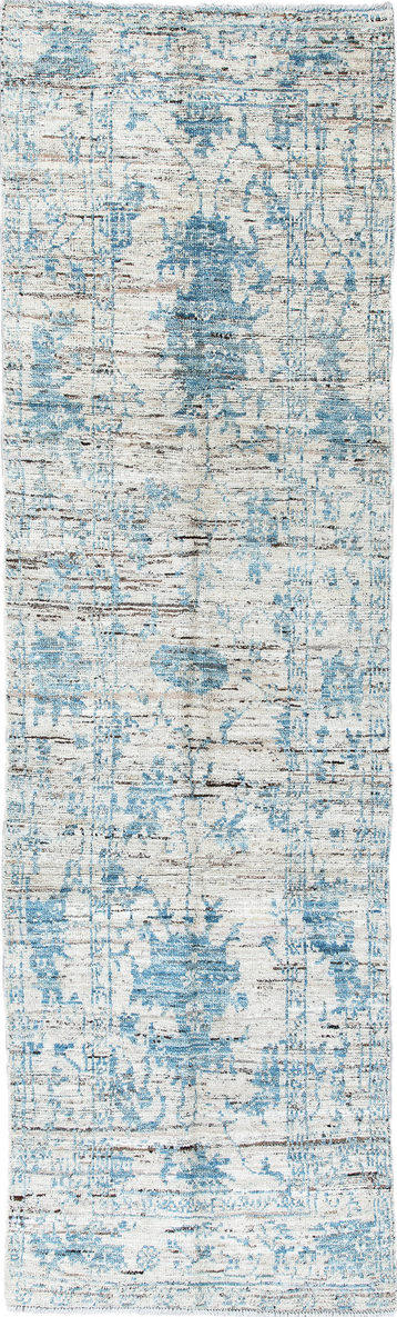 3' x 10' one-of-a-kind handmade vintage Tulu runner rug. Color palette: black, blue, charcoal, dim gray, gray, light blue