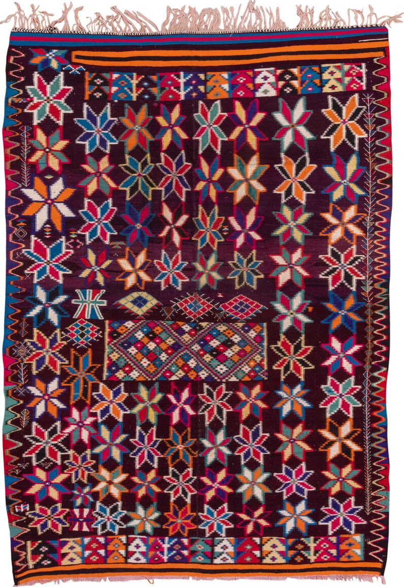 7' x 10' one-of-a-kind handmade vintage Kilim large size rug. Color palette: blue, brown, dim gray, gray, light gray