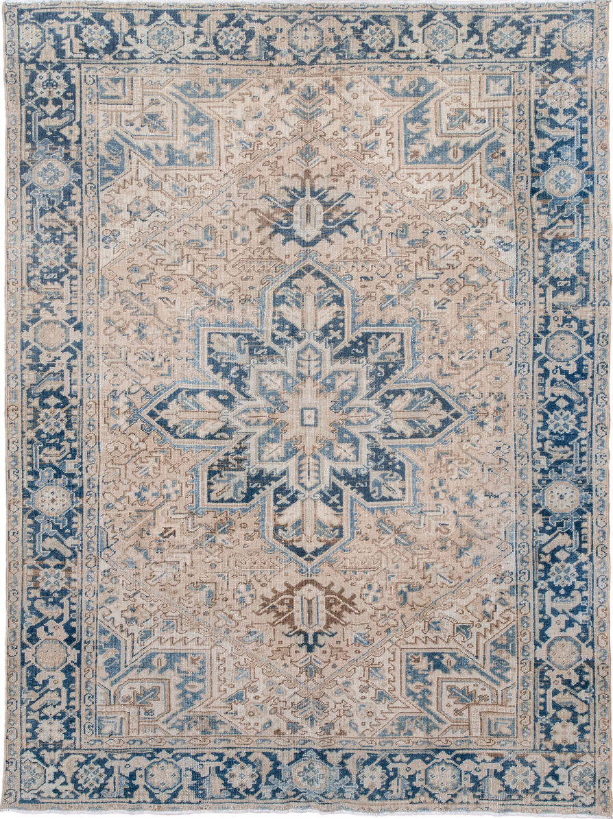 6' x 8' one-of-a-kind handmade vintage Heriz medium size rug. Color palette: black, blue, brown, charcoal, dark gray, fiord