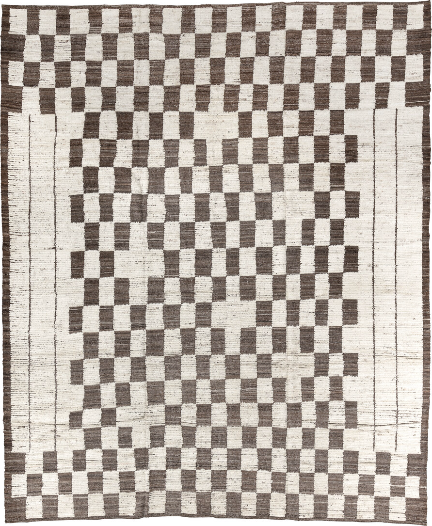 9' x 11' one-of-a-kind handmade vintage Tulu large size rug. Color palette: black, brown, gainsboro, gray, light gray