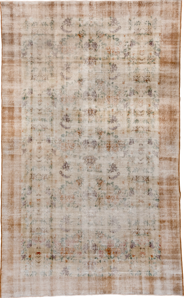 6' x 10' one-of-a-kind handmade vintage Oushak large size rug. Color palette: brown, gray, light gray, off-white, pink