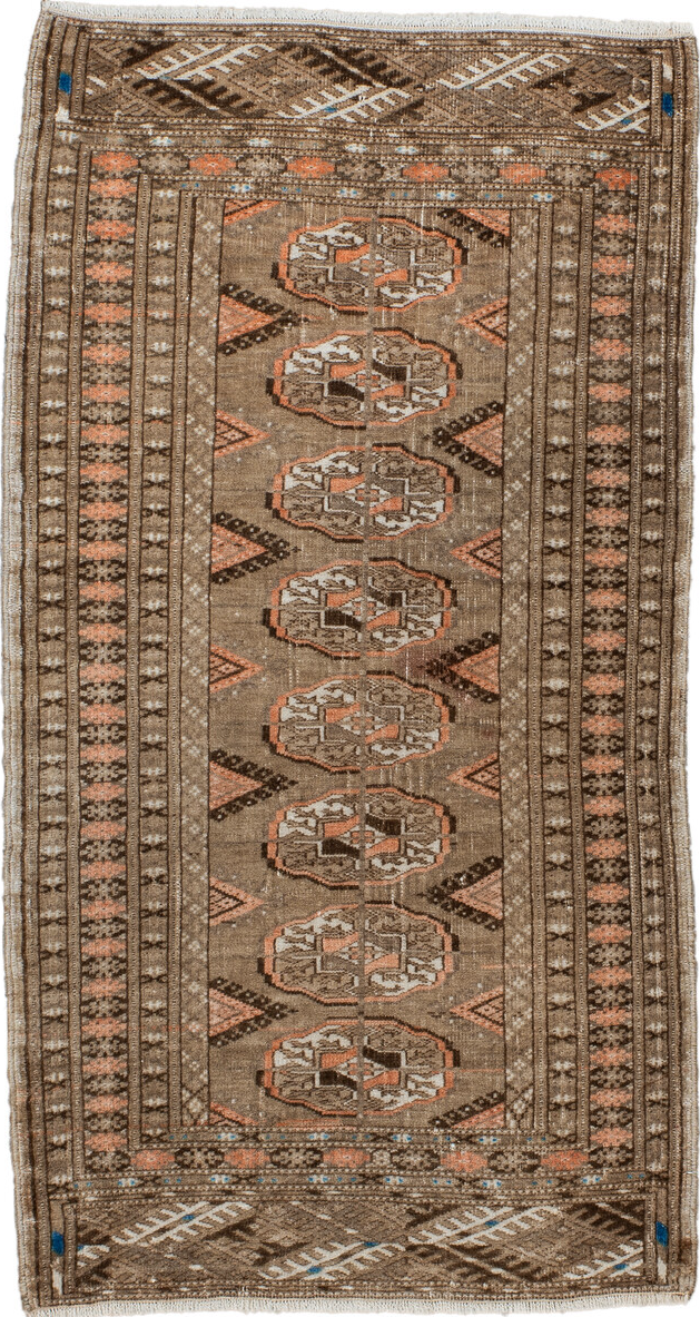 1' x 3' one-of-a-kind handmade vintage Oushak small size rug. Color palette: brown, gray, light gray, pink, blue, off-white