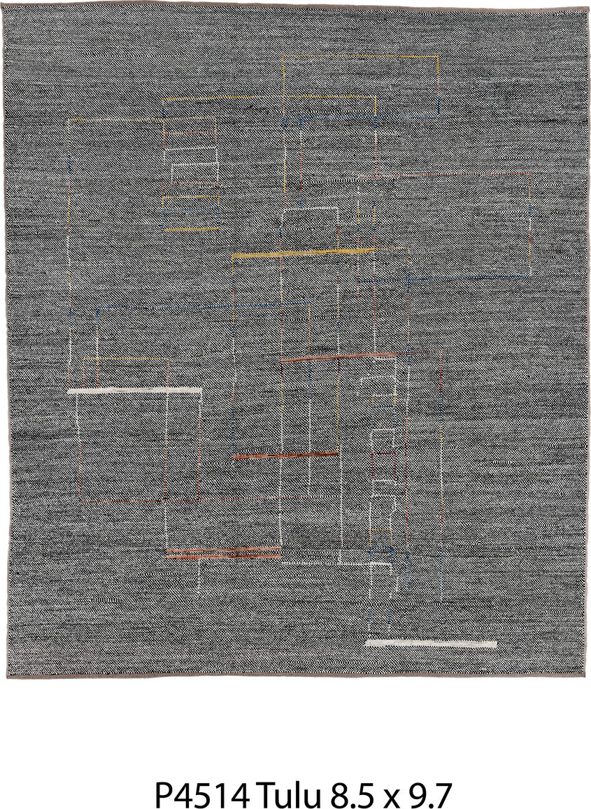 8' x 9' one-of-a-kind handmade vintage Tulu rug. Color palette: black, blue, brown, charcoal, dark gray, gray, light gray