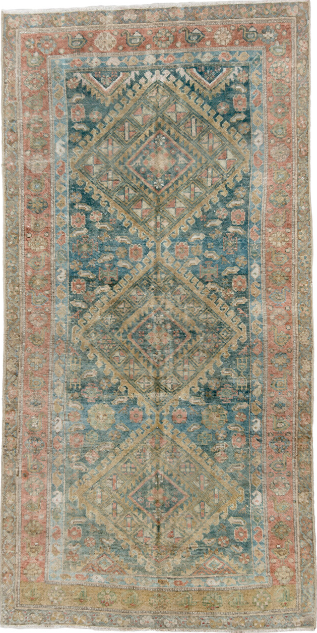 4' x 9' one-of-a-kind handmade vintage NW Persian runner rug. Color palette: blue, brown, dark slate gray, gray, light gray