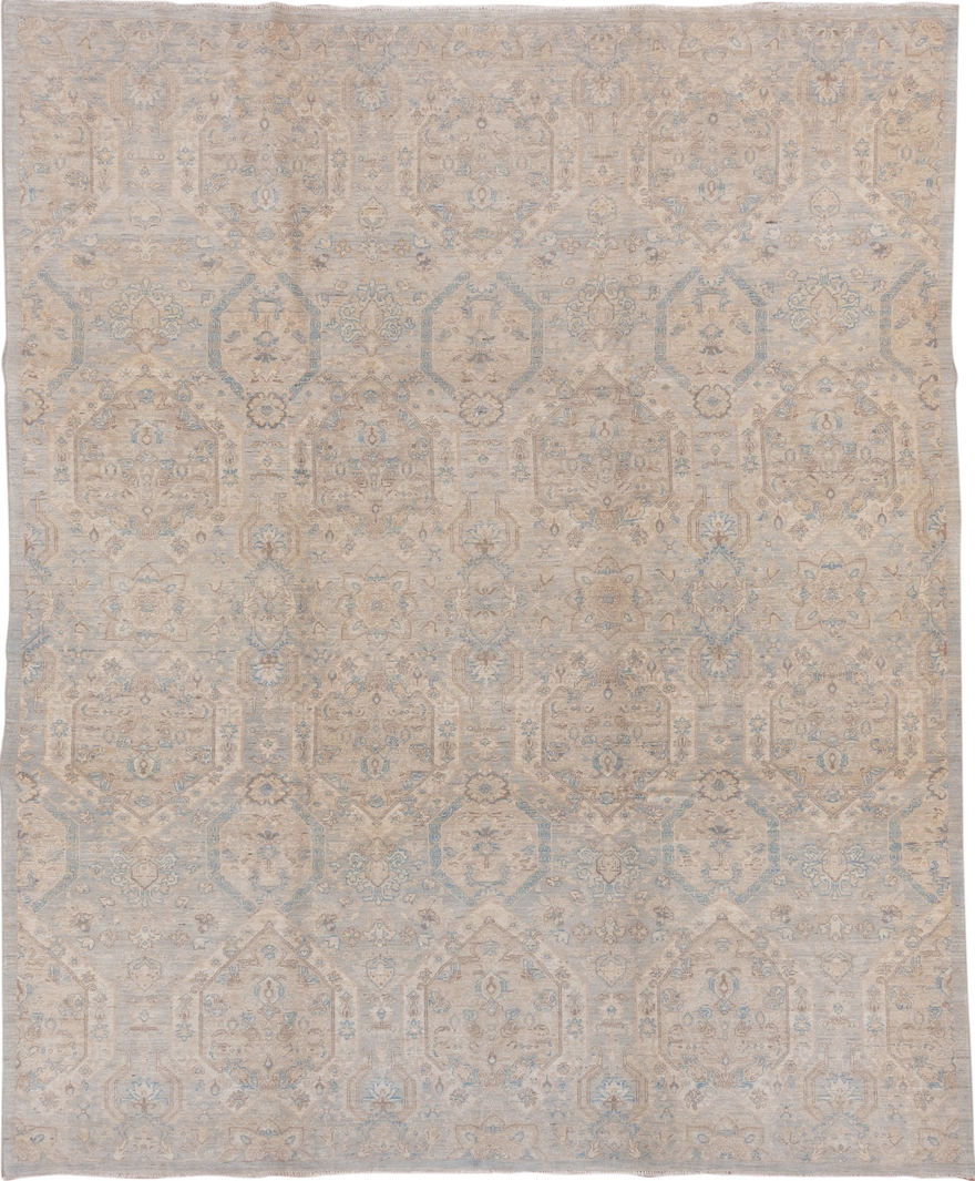 8' x 9' one-of-a-kind handmade vintage Afghan rug. Color palette: ghost white, gray, light gray, off-white, pink, snow