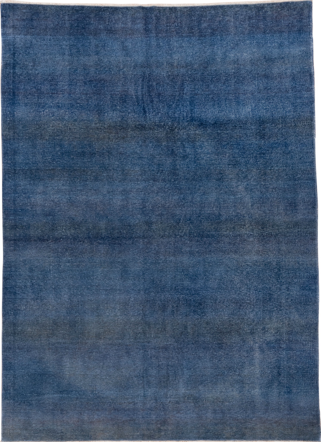 5' x 7' one-of-a-kind handmade vintage Overdyed rug. Color palette: blue, dark gray, fiord, gray, light blue, light gray