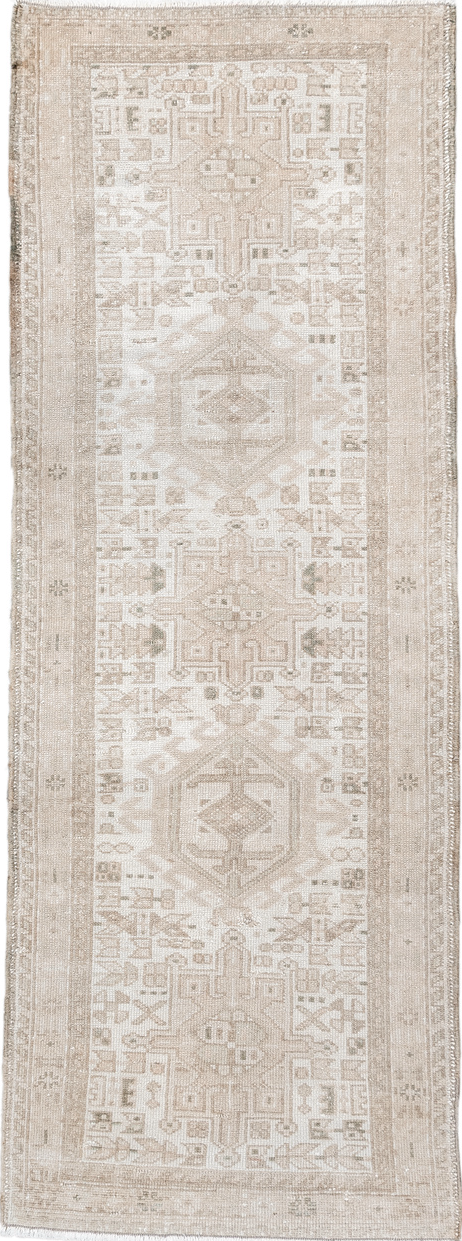 2' x 6' one-of-a-kind handmade vintage Karaje runner rug. Color palette: antiquewhite, gainsboro, gray, light gray, linen