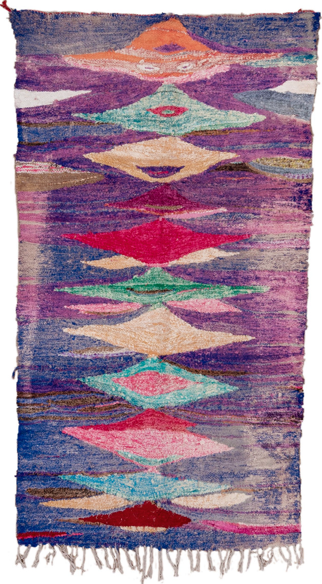 4' x 8' one-of-a-kind handmade vintage Flatweave rug. Color palette: blue, brown, gray, green, light blue, light gray, pink