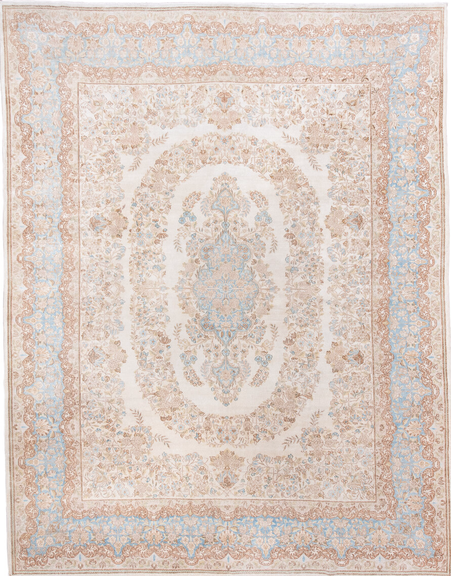 8' x 10' one-of-a-kind handmade vintage Kerman large size rug. Color palette: gray, light blue, light gray, pink, off-white