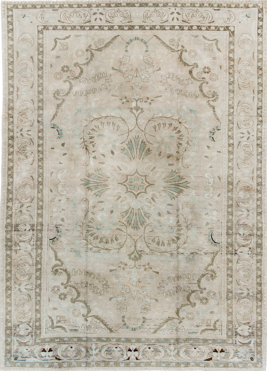 7' x 9' one-of-a-kind handmade vintage Hamadan rug. Color palette: brown, gray, light gray, off-white, silver