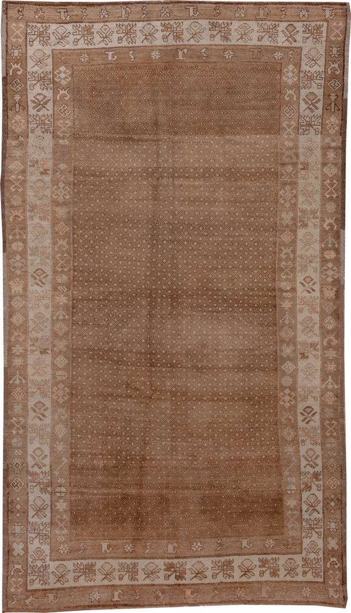 5' x 10' one-of-a-kind handmade vintage Oushak medium size rug. Color palette: brown, gray, light gray, pink