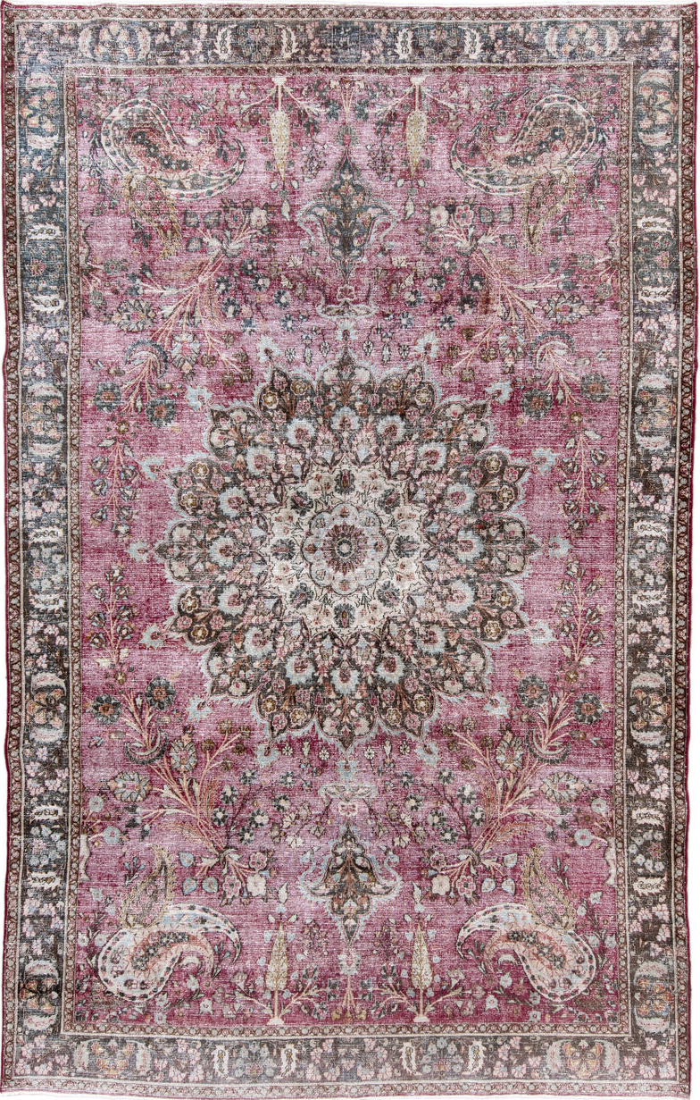 7' x 11' one-of-a-kind handmade vintage Khorassan large size rug. Color palette: blue, brown, gainsboro, gray