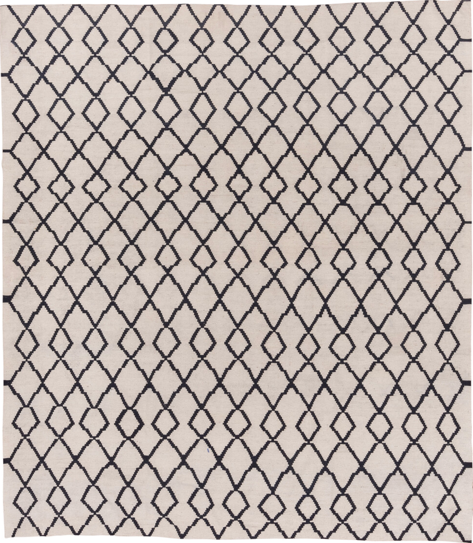 8' x 9' one-of-a-kind handmade vintage Kilim rug. Color palette: black, charcoal, dark gray, dim gray, gray, light gray