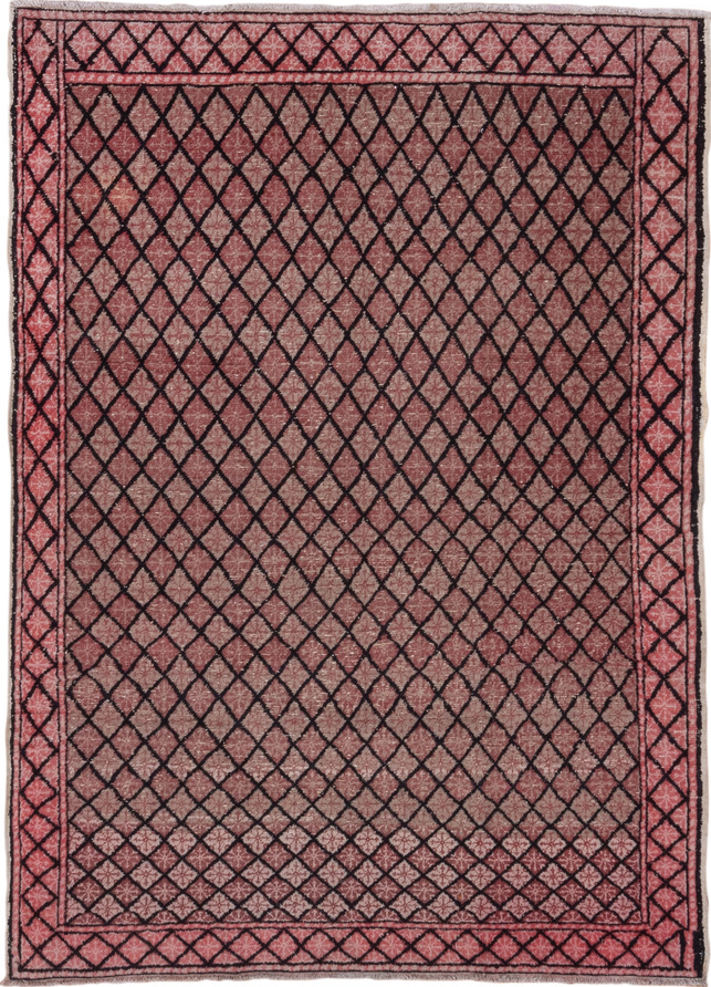 4' x 6' one-of-a-kind handmade vintage Oushak small size rug. Color palette: black, brown, gray, pink, red, rosy brown