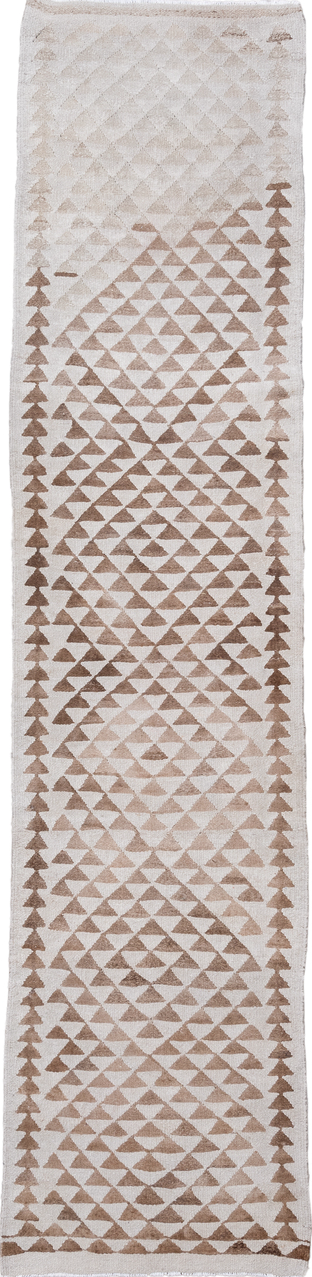 2' x 11' one-of-a-kind handmade vintage Kilim runner rug. Color palette: brown, gainsboro, gray, light gray, off-white, pink
