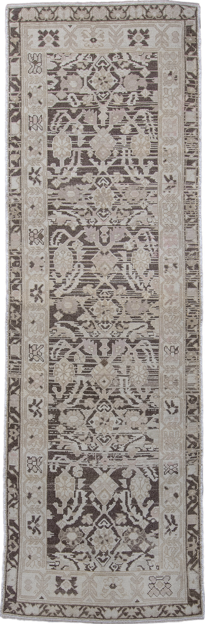 3' x 10' one-of-a-kind handmade vintage Malayer runner rug. Color palette: gray, light gray, off-white, silver, gainsboro