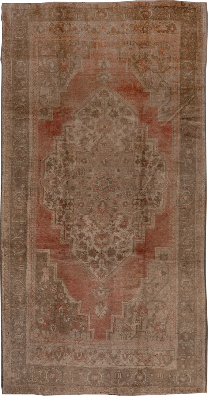 6' x 11' one-of-a-kind handmade vintage Oushak large size rug. Color palette: brown, pink