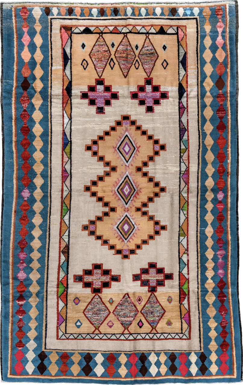 7' x 12' one-of-a-kind handmade vintage Moroccan large size rug. Color palette: arapawa, black, blue, brown, charcoal