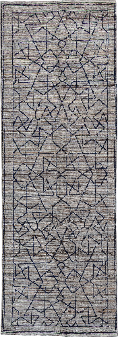 3' x 9' one-of-a-kind handmade vintage Tulu runner rug. Color palette: black, blue, brown, charcoal, dim gray, gainsboro
