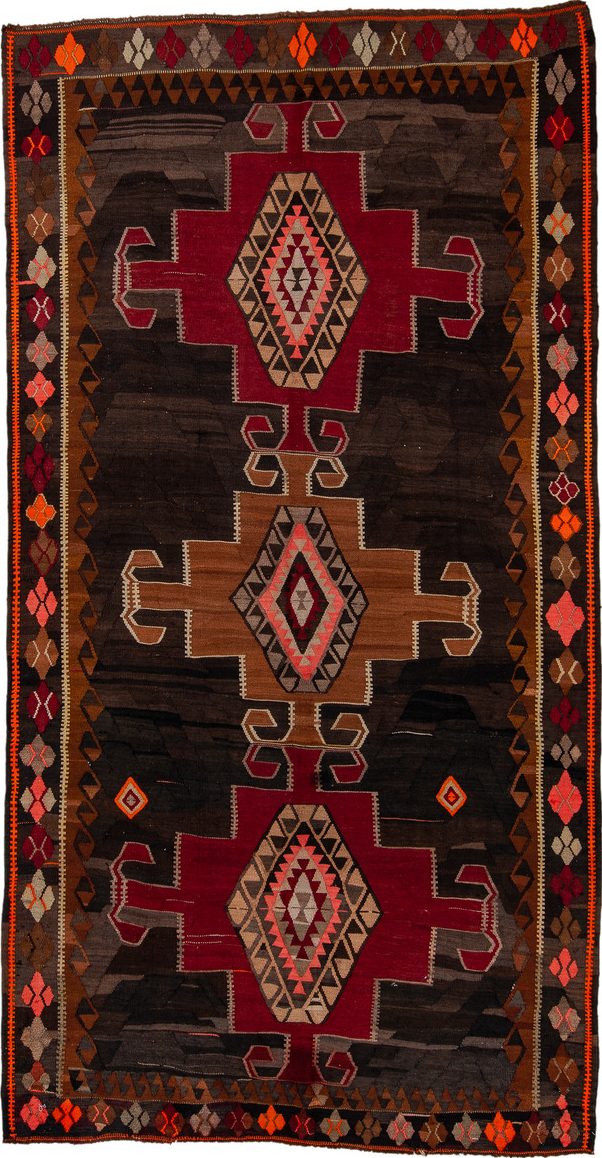 6' x 12' one-of-a-kind handmade vintage Kilim large size rug. Color palette: brown, yellow, red, black, gray, off-white