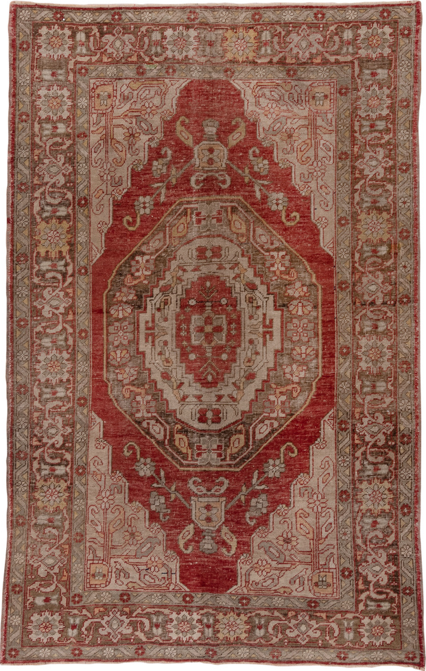 5' x 8' one-of-a-kind handmade vintage Oushak medium size rug. Color palette: brown, gray, pink, red