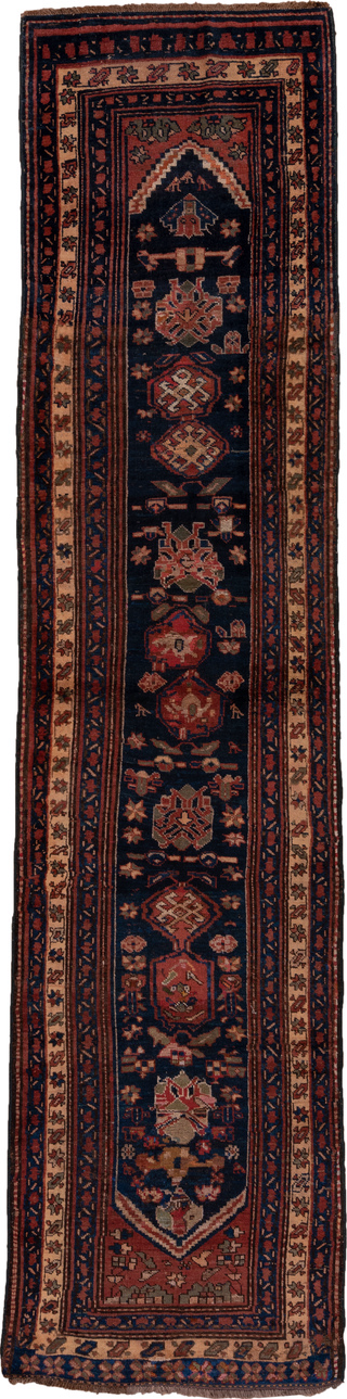 3' x 13' one-of-a-kind handmade vintage Malayer runner rug. Color palette: black, brown, gray, off-white, pink, red, snow