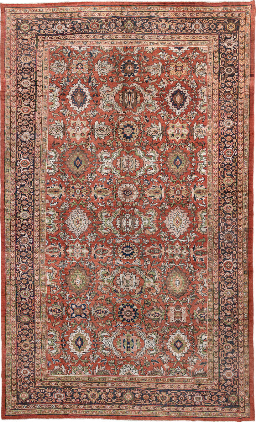 10' x 17' one-of-a-kind handmade vintage Mahal rug. Color palette: brown, gray, orange, off-white, black, blue, light gray