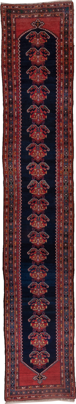 3' x 16' one-of-a-kind handmade vintage Malayer runner rug. Color palette: blue, brown, gray, off-white, pink, red, snow