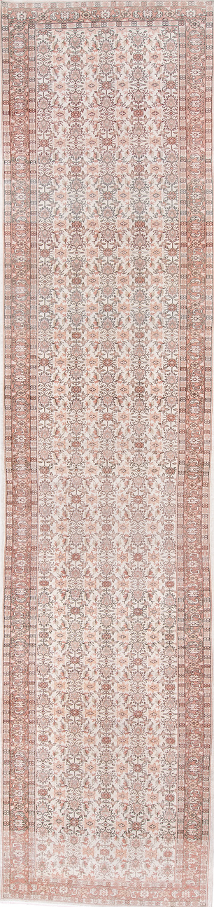 3' x 15' one-of-a-kind handmade vintage Sparta runner rug. Color palette: brown, floral white, gainsboro, gray, light gray