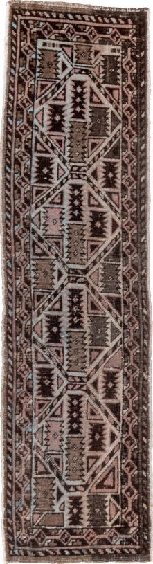 1' x 4' one-of-a-kind handmade vintage Hamadan small size rug. Color palette: brown, gray, light gray, off-white, pink, snow
