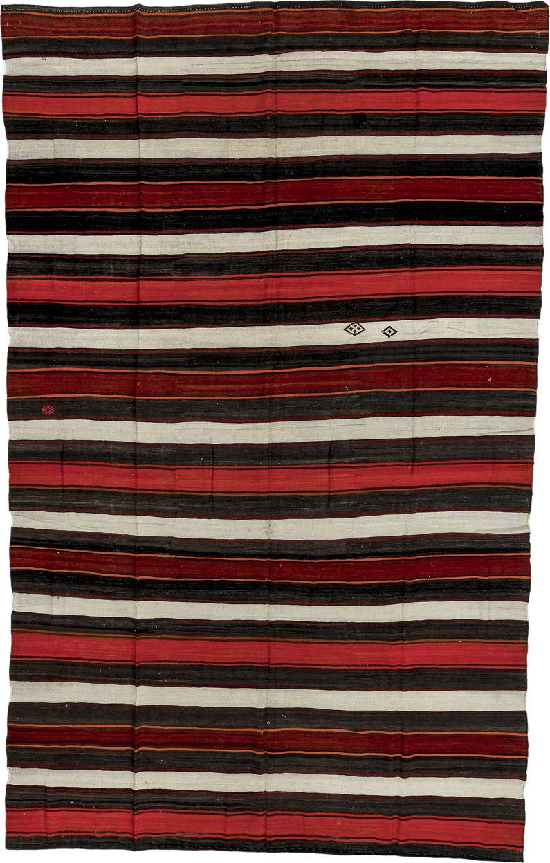 7' x 12' one-of-a-kind handmade vintage Kilim large size rug. Color palette: black, brown, charcoal, gray, light gray