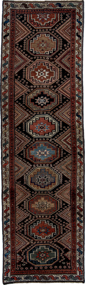 3' x 10' one-of-a-kind handmade vintage NW Persian runner rug. Color palette: gray, brown, black, red, blue, pink