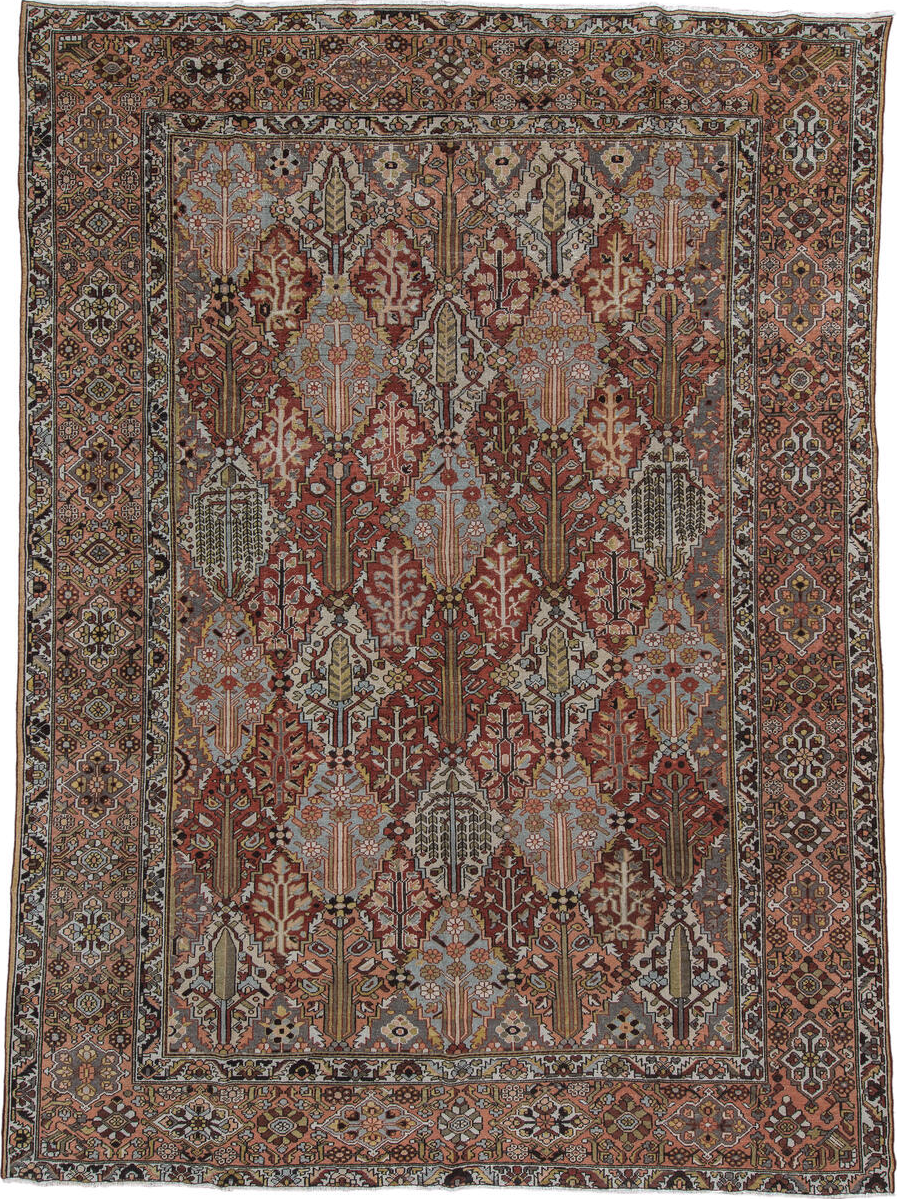 10' x 14' one-of-a-kind handmade vintage Baktiary large size rug. Color palette: gray, pink, brown, red, black, redwood