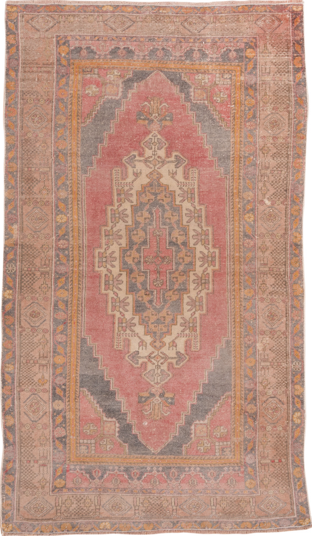 4' x 7' one-of-a-kind handmade vintage Oushak rug. Color palette: brown, gray, light gray, off-white, orange, pink
