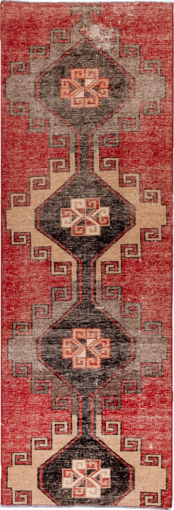 2' x 7' one-of-a-kind handmade vintage Oushak runner rug. Color palette: black, brown, gray, indian red, orange, pink, red