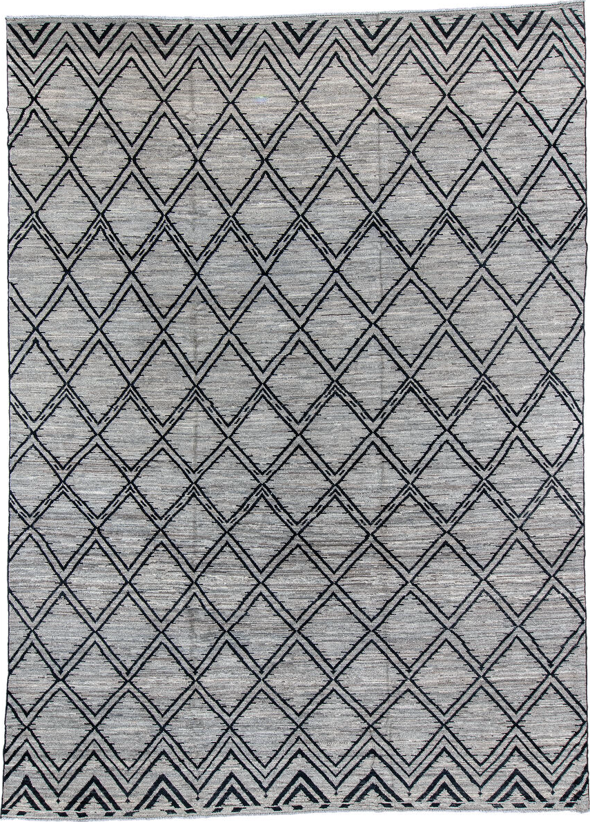 10' x 13' one-of-a-kind handmade vintage Tulu large size rug. Color palette: black, blue, dark gray, dim gray, fiord