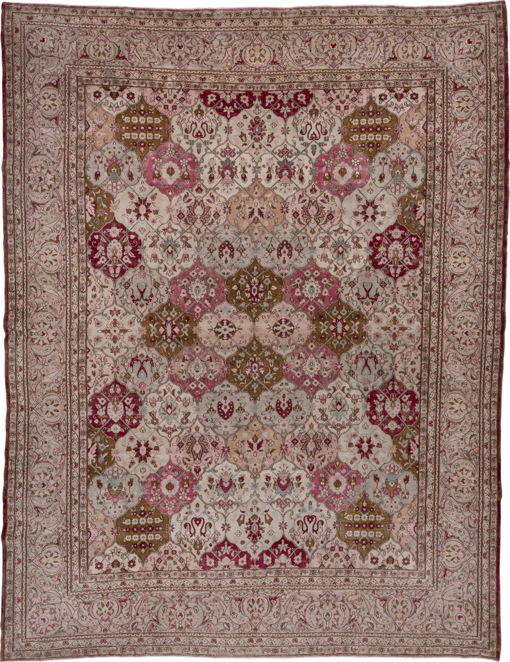 10' x 12' one-of-a-kind handmade vintage Kerman large size rug. Color palette: brown, gray, light gray, off-white, pink, red