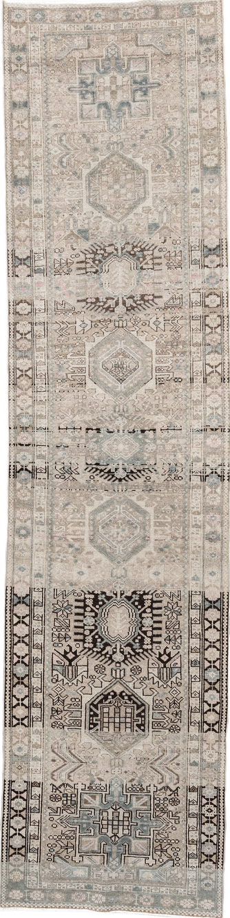 3' x 12' one-of-a-kind handmade vintage Karaje runner rug. Color palette: black, dim gray, gray, light gray, off-white, pink