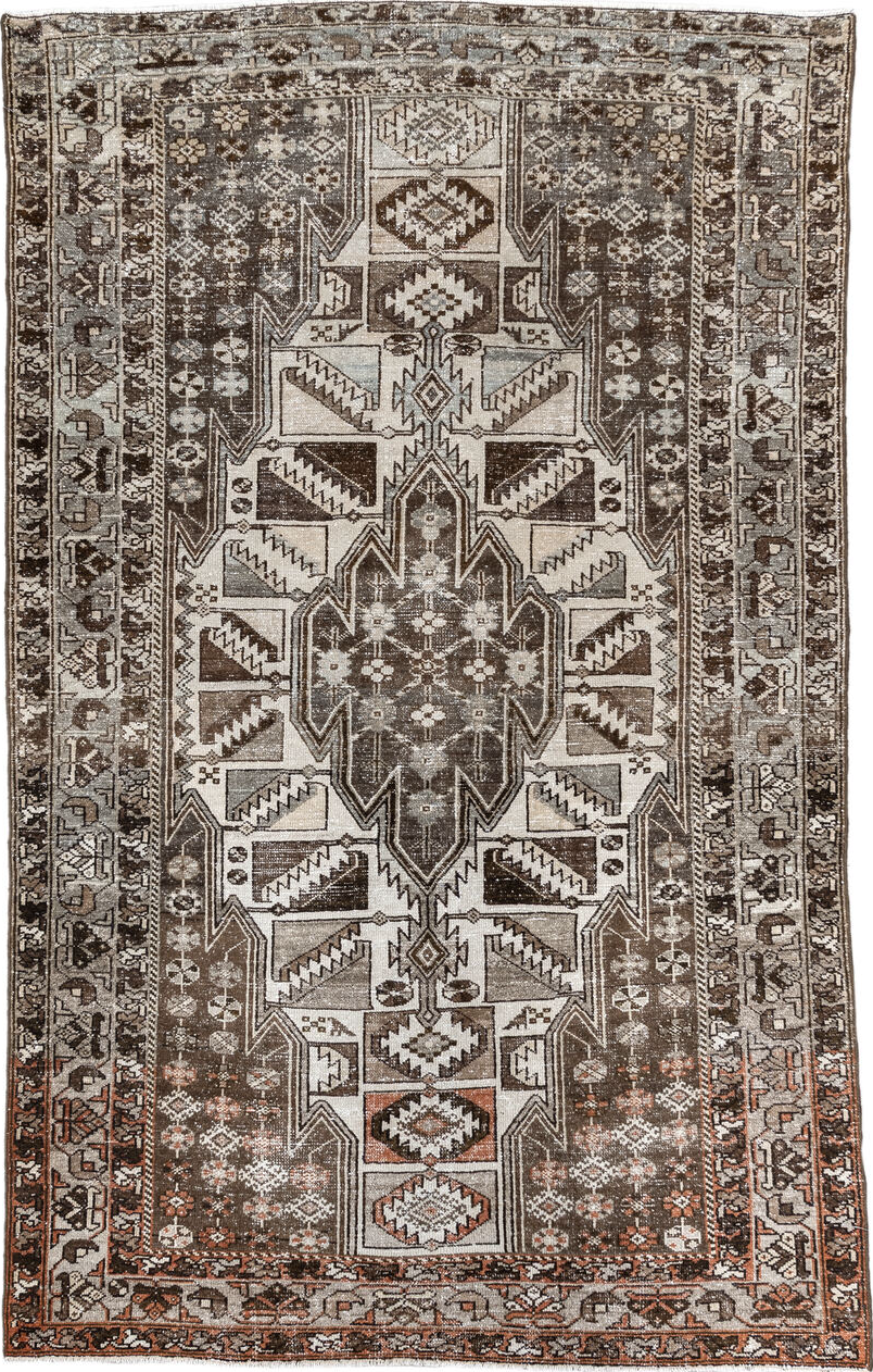 4' x 6' one-of-a-kind handmade vintage Malayer small size rug. Color palette: black, brown, dark gray, gainsboro, gray