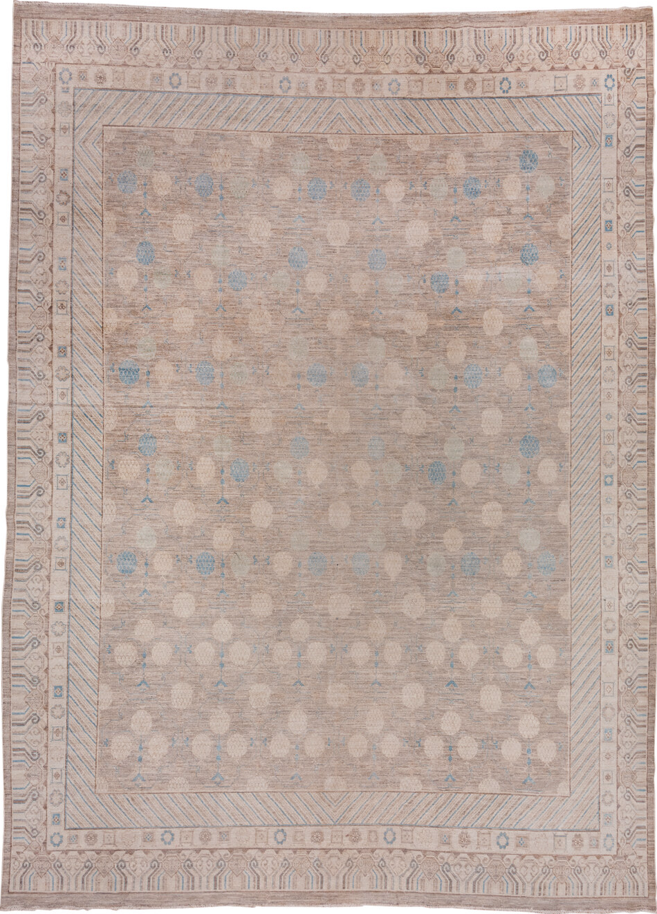 12' x 16' one-of-a-kind handmade vintage Khotan oversize rug. Color palette: brown, dark gray, gray, light gray, off-white