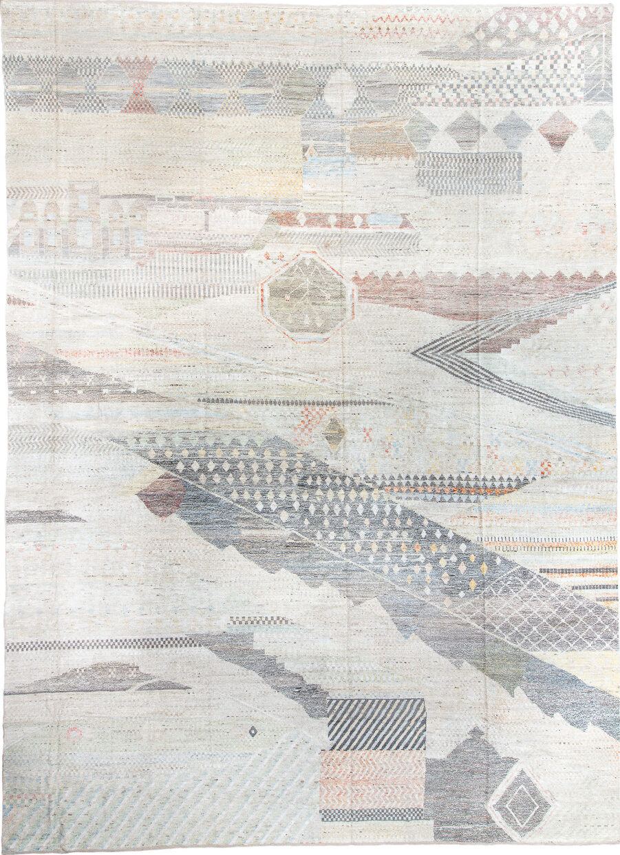 14' x 19' one-of-a-kind handmade vintage Tulu oversize rug. Color palette: dark gray, dim gray, gainsboro, gray, light blue