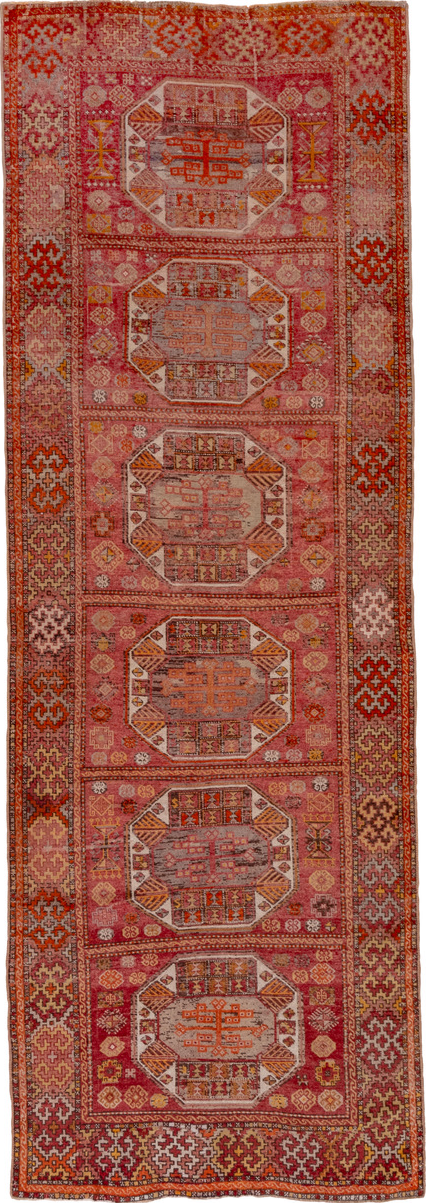 4' x 11' one-of-a-kind handmade vintage Oushak runner rug. Color palette: brown, maroon, pink, red, sienna