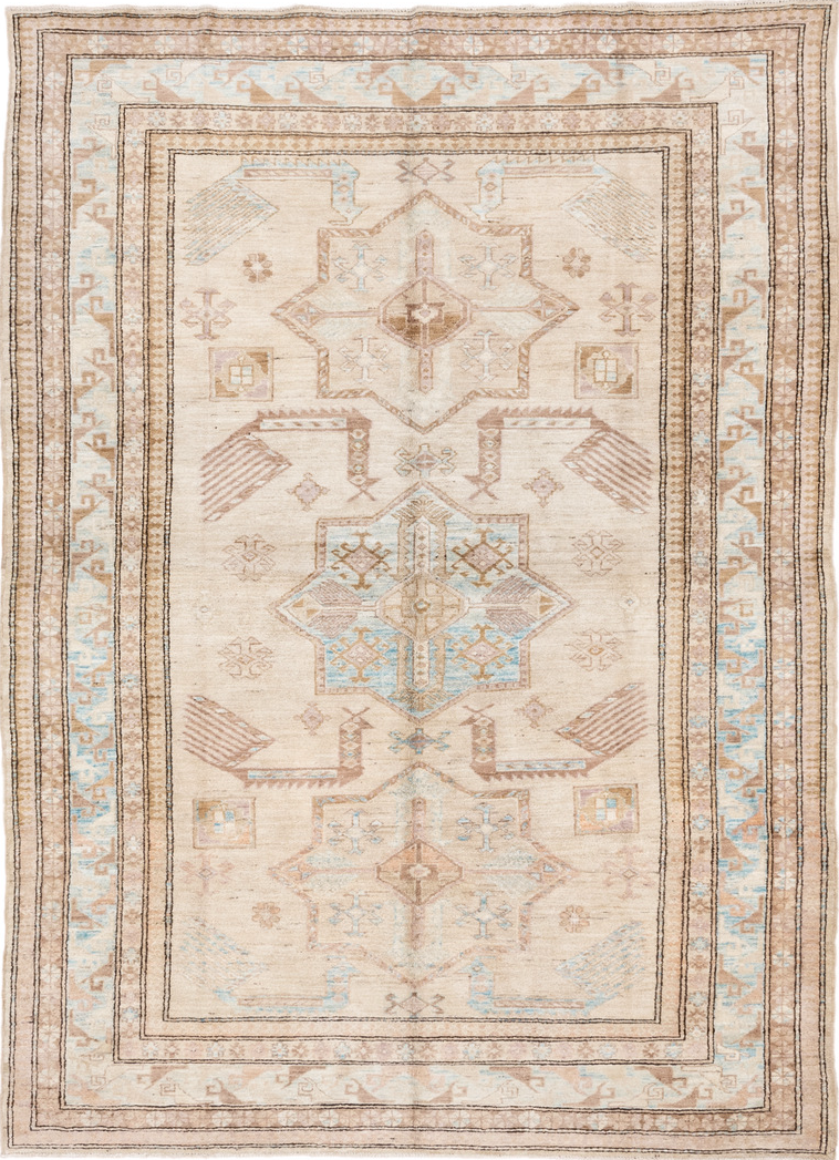6' x 8' one-of-a-kind handmade vintage Sivas medium size rug. Color palette: antiquewhite, brown, gray, light gray, linen