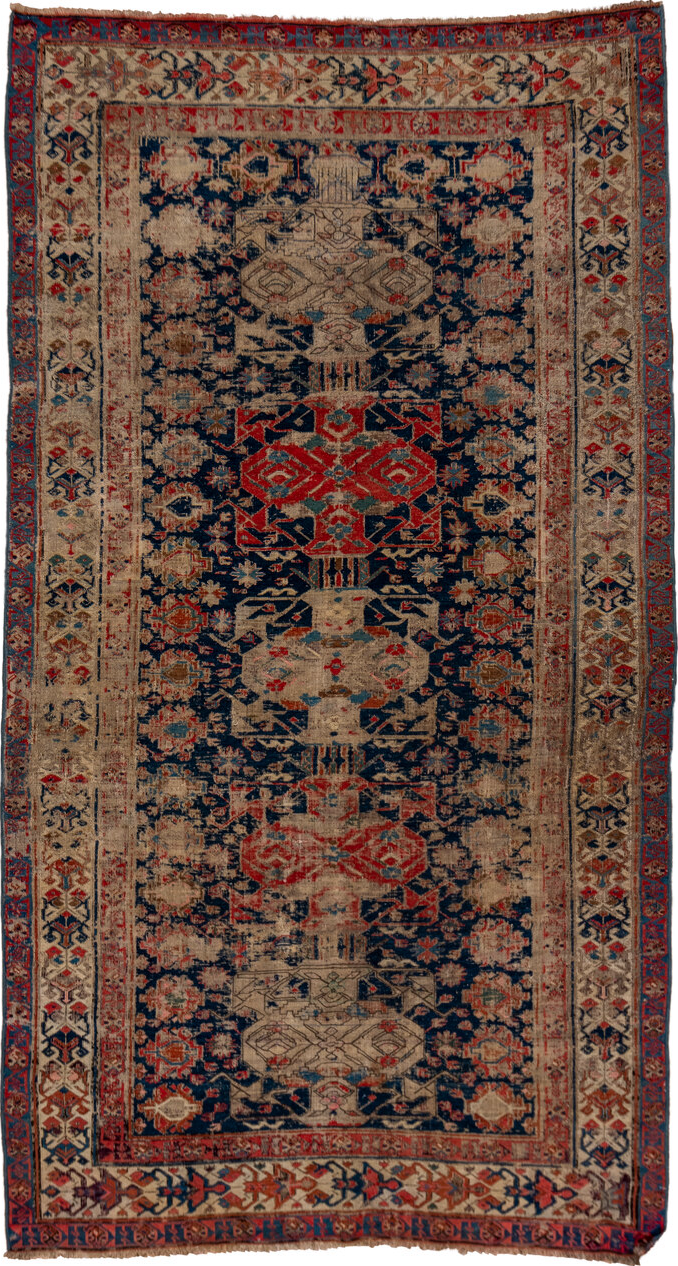 5' x 9' one-of-a-kind handmade vintage Sumak medium size rug. Color palette: black, blue, brown, charcoal, gray, pink, red