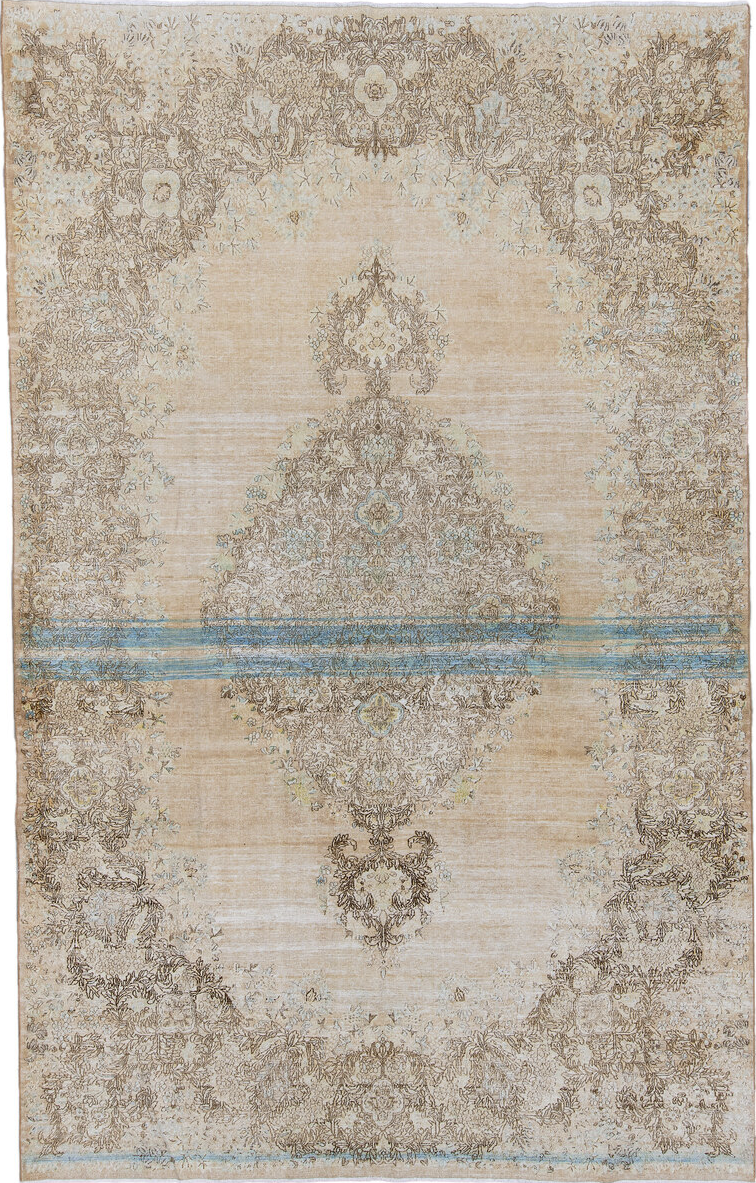 6' x 10' one-of-a-kind handmade vintage Kerman large size rug. Color palette: brown, burlywood, off-white, orange, snow, tan