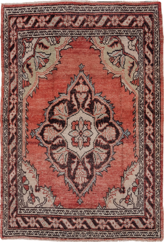 4' x 5' one-of-a-kind handmade vintage Oushak small size rug. Color palette: brown, gray, pink, red, redwood