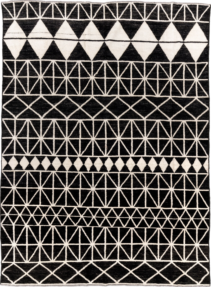 7' x 10' one-of-a-kind handmade vintage Tulu large size rug. Color palette: black, charcoal, dark gray, dim gray, gray