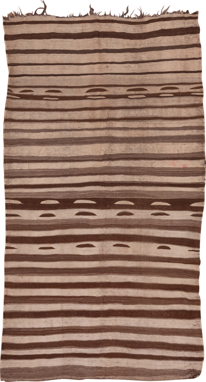 5' x 11' one-of-a-kind handmade vintage Kilim runner rug. Color palette: brown, gray, light gray, off-white, pink, redwood