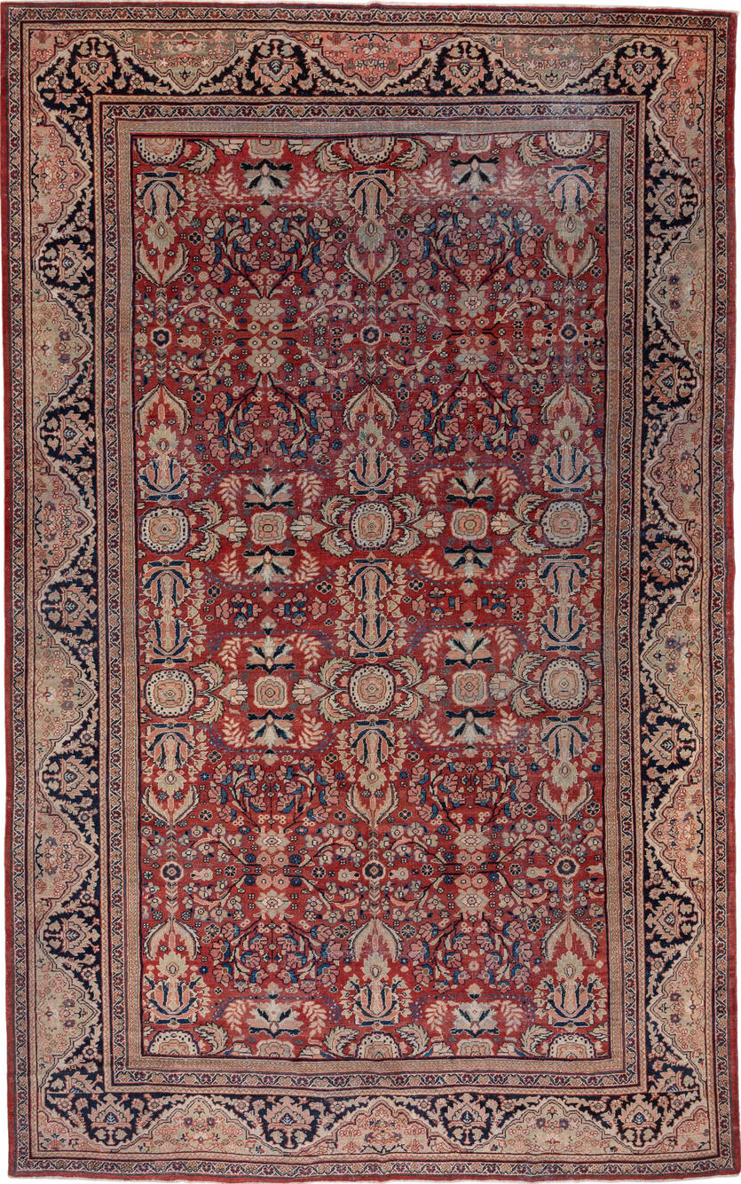 11' x 17' one-of-a-kind handmade vintage Mahal oversize rug. Color palette: black, blue, brown, charcoal, fiord, gray